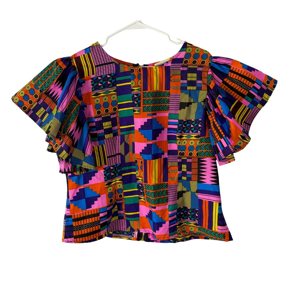 Shenbolen African Print Wax Fabric Top XL Multicolor Ruffle Sleeve Back Zip
